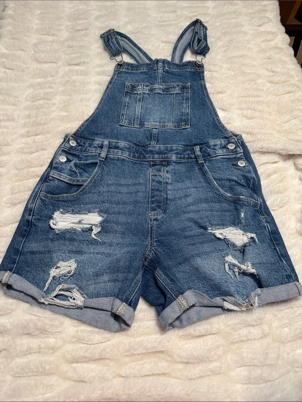 Arizona Jean Company Blue Distressed Denim Short Overalls